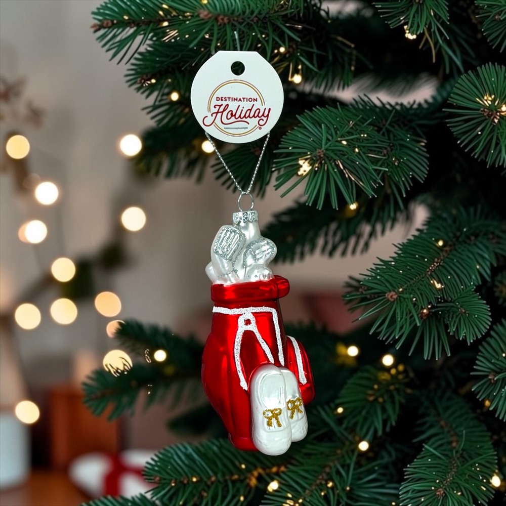 Glass Golf Bag Christmas Ornament Red Silver Destination Holiday 5 inches